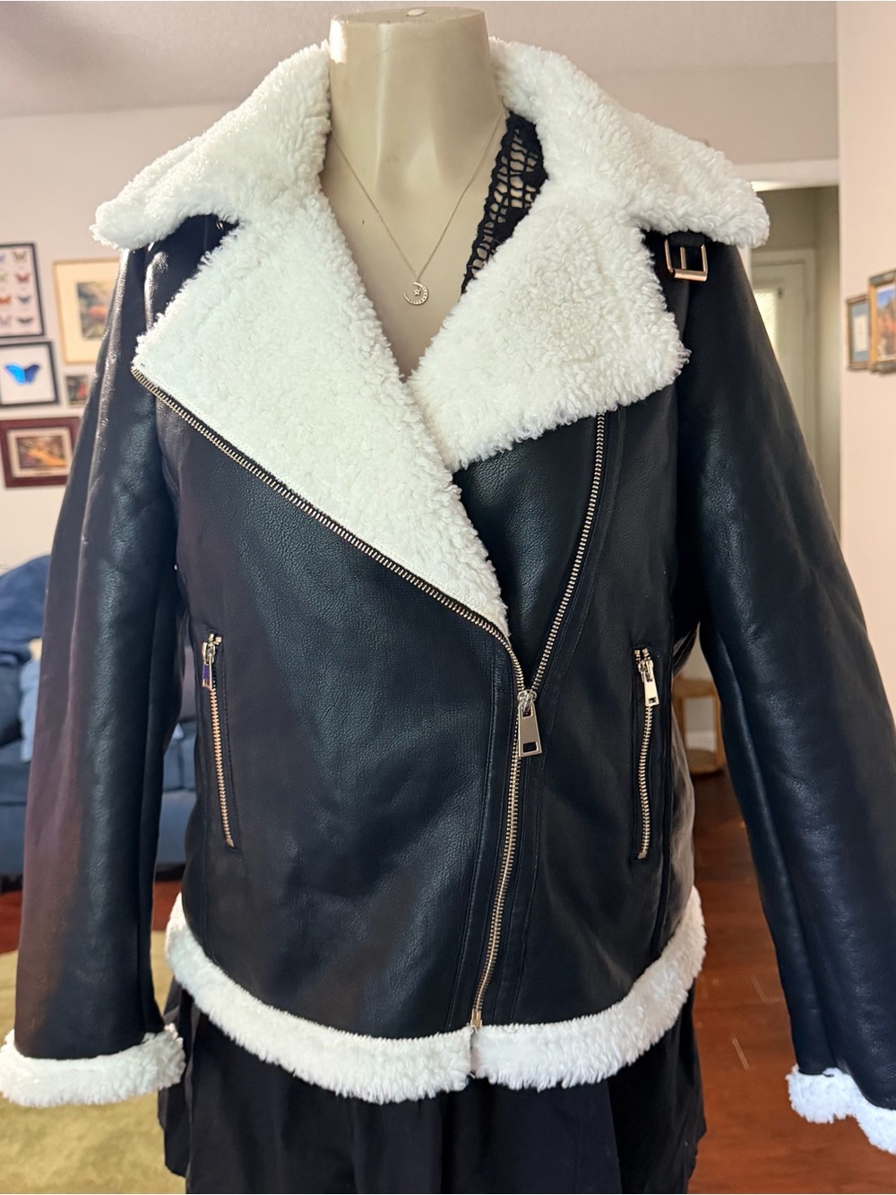 Black Faux-Leather Moto Jacket with Cream Shearling Trim